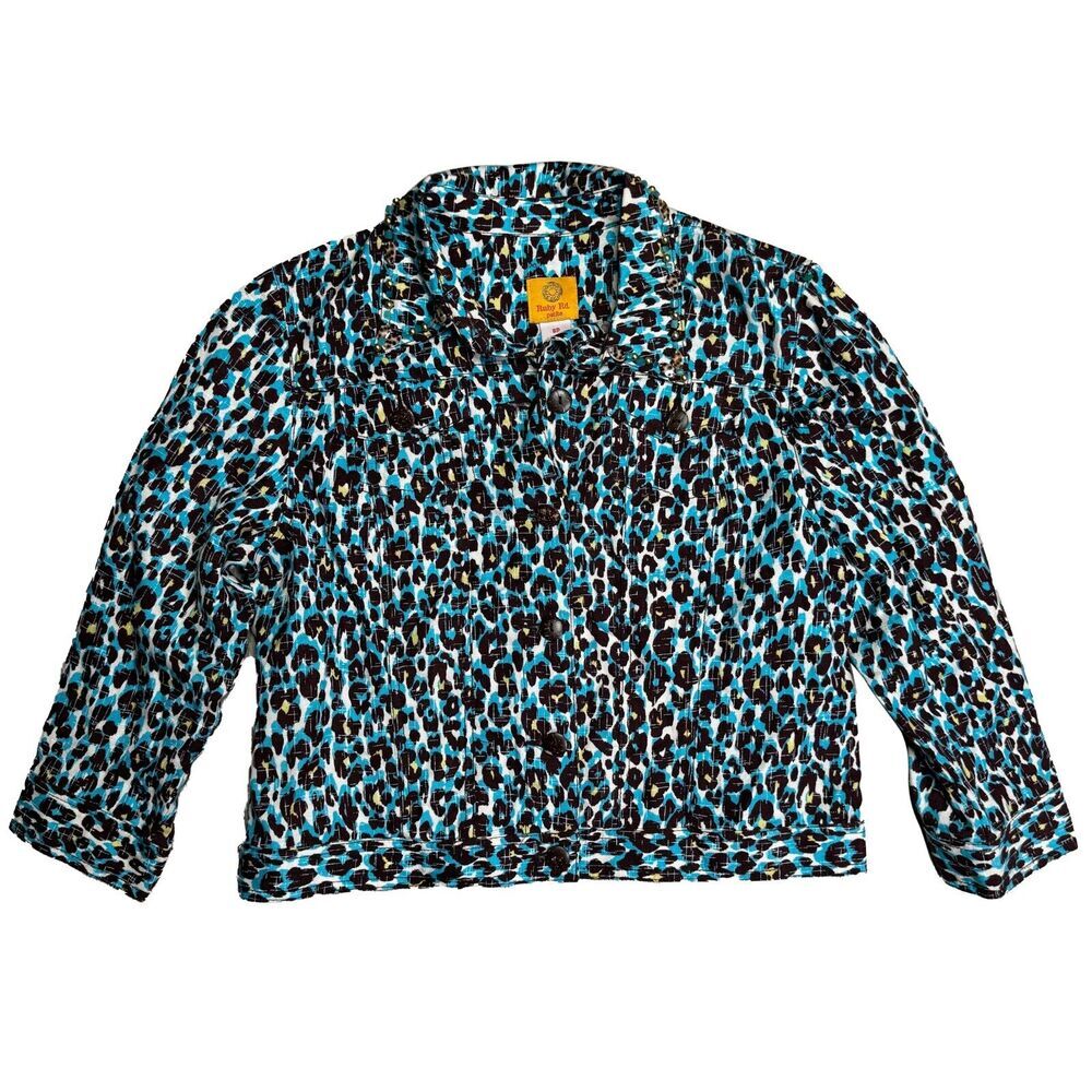 Ruby Road Button Top Blazer 8P Linen Blend Seashell Collar Beachy Leopard Print